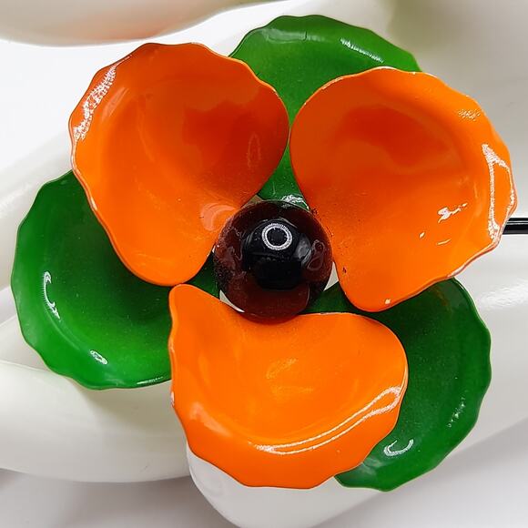 Vintage 1960s Orange Green White Enamel Flower Brooch with Stem, 4 Inches - Picture 2 of 9